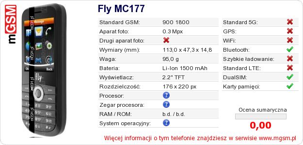 Dane telefonu Fly MC177