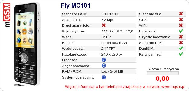 Dane telefonu Fly MC181