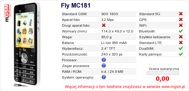 Dane telefonu Fly MC181