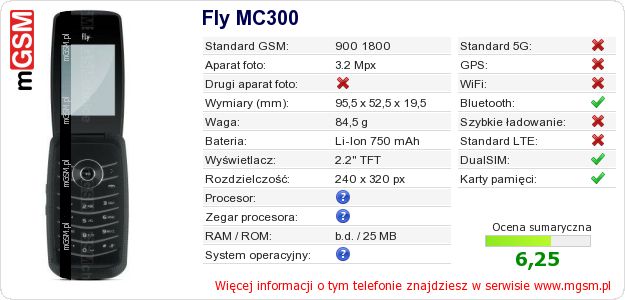 Dane telefonu Fly MC300 Dane telefonu Fly MC300