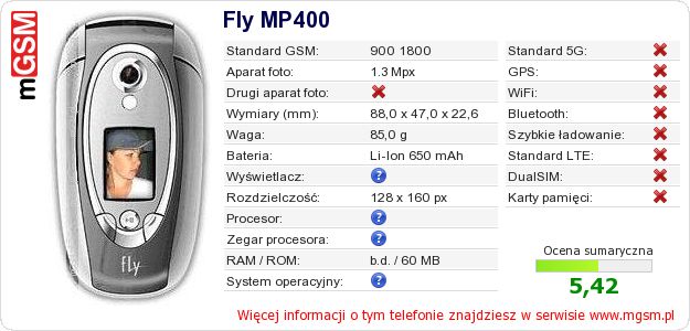 Dane telefonu Fly MP400