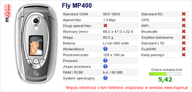 Dane telefonu Fly MP400