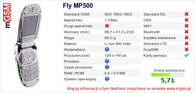 Dane telefonu Fly MP500