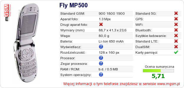 Dane telefonu Fly MP500