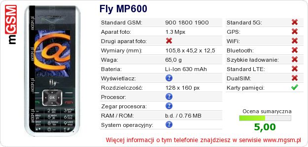 Dane telefonu Fly MP600