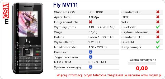 Dane telefonu Fly MV111 Dane telefonu Fly MV111