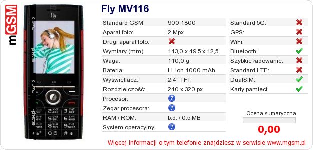 Dane telefonu Fly MV116