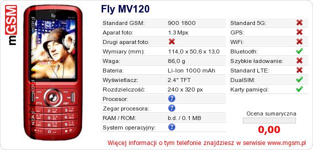 Dane telefonu Fly MV120 Dane telefonu Fly MV120