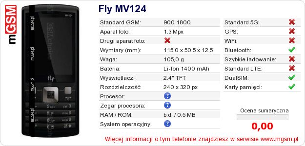 Dane telefonu Fly MV124 Dane telefonu Fly MV124