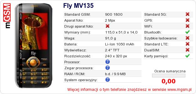 Dane telefonu Fly MV135