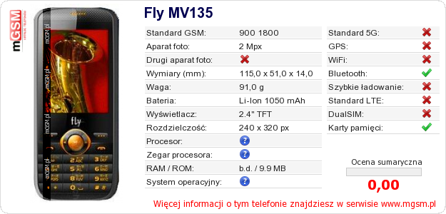 Dane telefonu Fly MV135 Dane telefonu Fly MV135