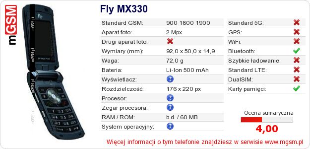 Dane telefonu Fly MX330