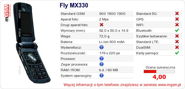 Dane telefonu Fly MX330 Dane telefonu Fly MX330