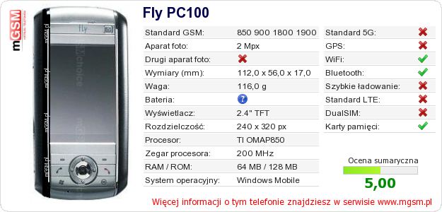 Dane telefonu Fly PC100