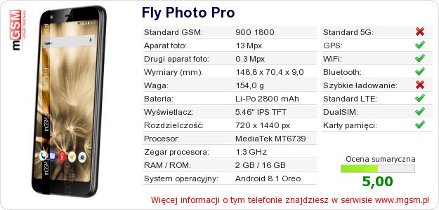 Dane telefonu Fly Photo Pro Dane telefonu Fly Photo Pro