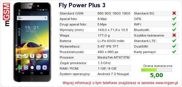 Dane telefonu Fly Power Plus 3