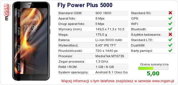 Dane telefonu Fly Power Plus 5000