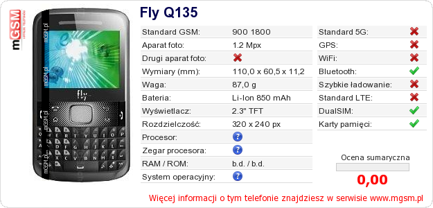 Dane telefonu Fly Q135