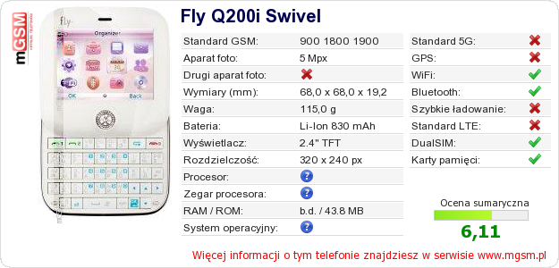Dane telefonu Fly Q200i Swivel
