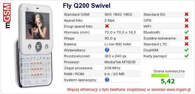 Dane telefonu Fly Q200 Swivel Dane telefonu Fly Q200 Swivel