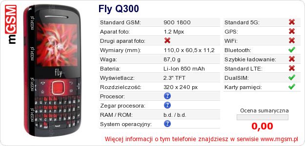 Dane telefonu Fly Q300