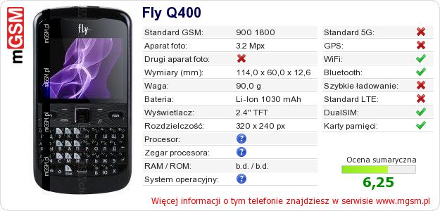 Dane telefonu Fly Q400 Dane telefonu Fly Q400
