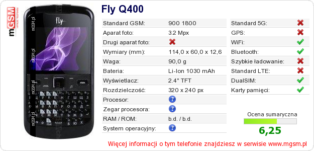 Dane telefonu Fly Q400