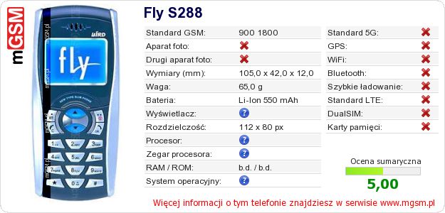 Dane telefonu Fly S288