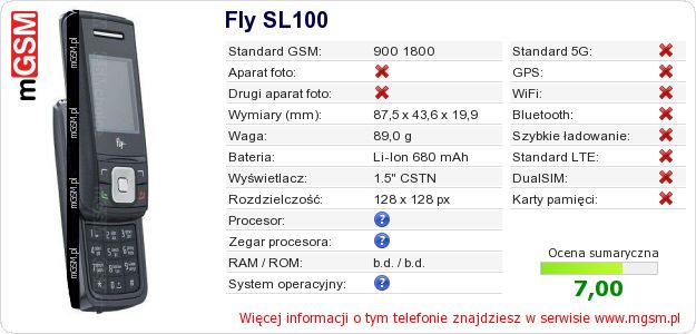 Dane telefonu Fly SL100