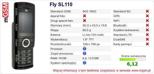 Dane telefonu Fly SL110 Dane telefonu Fly SL110
