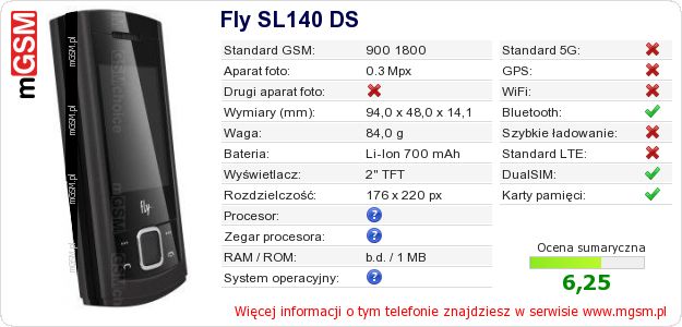 Dane telefonu Fly SL140 DS