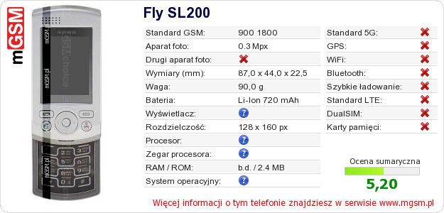 Dane telefonu Fly SL200