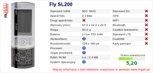 Dane telefonu Fly SL200