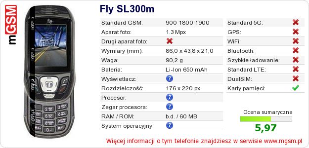 Dane telefonu Fly SL300m Dane telefonu Fly SL300m