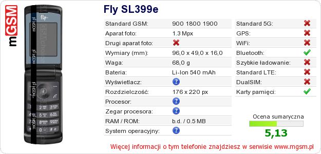 Dane telefonu Fly SL399e Dane telefonu Fly SL399e