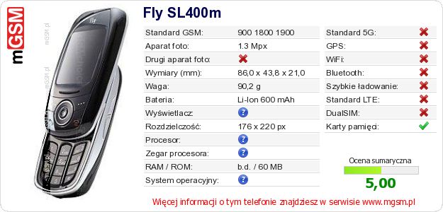 Dane telefonu Fly SL400m Dane telefonu Fly SL400m