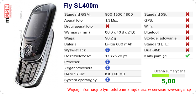 Dane telefonu Fly SL400m