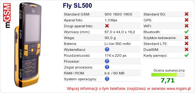 Dane telefonu Fly SL500