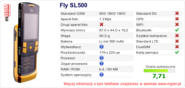 Dane telefonu Fly SL500