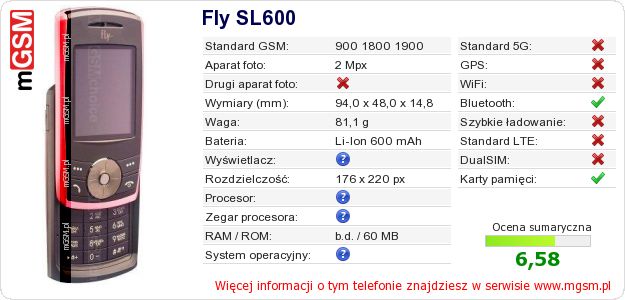 Dane telefonu Fly SL600