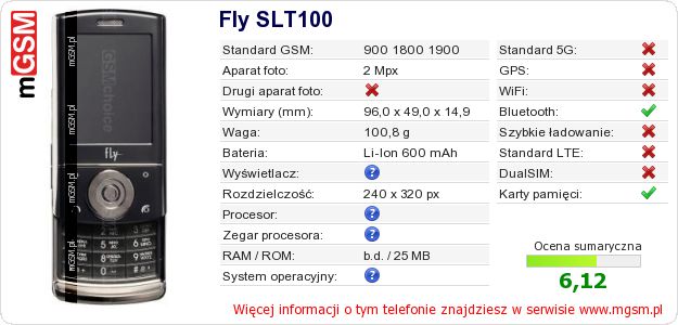 Dane telefonu Fly SLT100