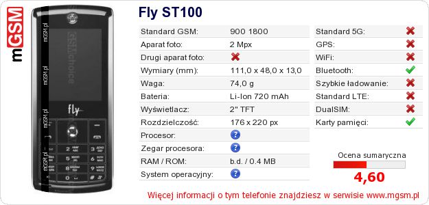 Dane telefonu Fly ST100