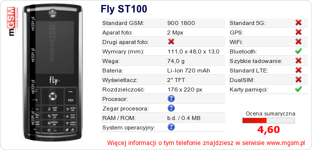 Dane telefonu Fly ST100 Dane telefonu Fly ST100