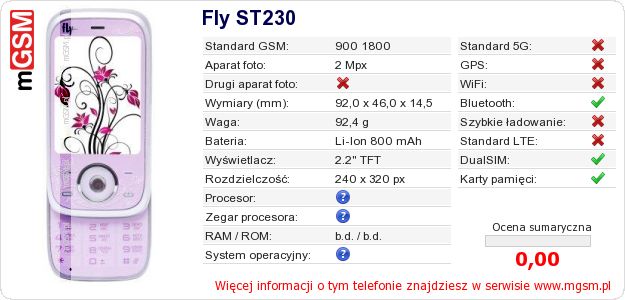 Dane telefonu Fly ST230