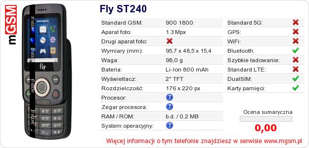 Dane telefonu Fly ST240