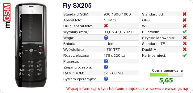 Dane telefonu Fly SX205