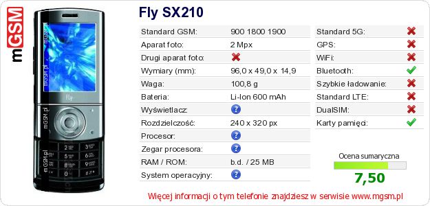 Dane telefonu Fly SX210 Dane telefonu Fly SX210