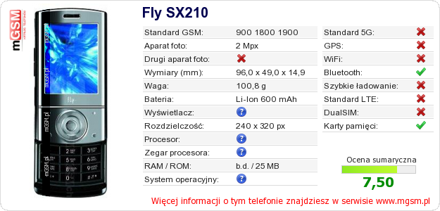 Dane telefonu Fly SX210 Dane telefonu Fly SX210