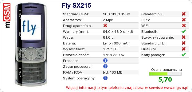 Dane telefonu Fly SX215 Dane telefonu Fly SX215