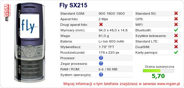 Dane telefonu Fly SX215 Dane telefonu Fly SX215